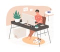 Remote online work from home office. Man freelancer working at modern cozy workplace with desk and computer desktop, and Royalty Free Stock Photo