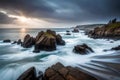 A remote, rocky coastline with towering sea stacks and crashing waves under a stormy sky