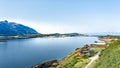 Remote scenic view on Sandnessjoen town and The Seven Sisters Mountain, sea port. Alsta Island, Norway