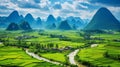Remote, tranquil green rice fields amidst peaceful hills.AI Generated Royalty Free Stock Photo