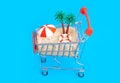 Remote tropical island in a small shopping trolley on blue