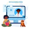 Remote Veterinary help. Vet examining pets online. Video chat with Afro American doctor. medicine for animals