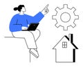 Remote Work and Automation Concept with Person Using Laptop, Gear Symbol, and House Icon Royalty Free Stock Photo