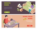 Remote work banners. Isometric people working from home. Man woman with laptop, distance business vector background