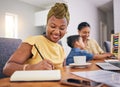 Remote work, black woman writing and child in home with happy babysitter for learning math. African freelancer, taking Royalty Free Stock Photo