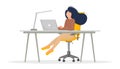 Remote work. Business people office work. Vector illustration, flat design. Cartoon girl sitting on the table with Royalty Free Stock Photo