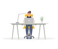 Remote work. Business people office work. Vector illustration, flat design. Cartoon man sitting on the table with laptop Royalty Free Stock Photo