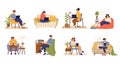 Remote work characters. Home office, business people job with computer. Flat freelance worker in chair with cat and