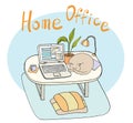 Remote work concept. Home office workplace with laptop, plant, mug of coffee and cat on table. Hand drawn cartoon vector