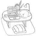 Remote work concept. Home office workplace with laptop, plant, mug of coffee and cat on table. Hand drawn vector contour