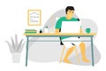 Remote work concept. Man works at the computer at home. Modern flat design concept of telecommuting.