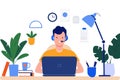 Remote work concept: person with headset at laptop in home office setting Royalty Free Stock Photo
