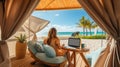 Remote work concept woman freelancer with laptop on serene beach, embracing work life balance.