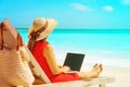 Remote work concept -young woman with laptop on beach Royalty Free Stock Photo