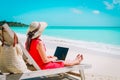 Remote work concept -young woman with laptop on beach Royalty Free Stock Photo