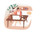 Remote work from cozy home office. Woman working online at modern workplace with desk and laptop. Freelancer with coffee