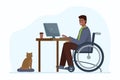 Remote work for the disabled. A black man in a wheelchair sits at a computer.