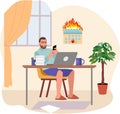 Remote work disadvantages. Freelancer sitting on desk surfing internet use smartphone vector flat illustration. Man, guy Royalty Free Stock Photo