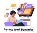 Remote work dynamics concept digital collaboration home office setting diverse team virtual meeting colorful graphics