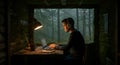 Remote Work in Forest Cabin Cozy Workspace with Nature View and Rustic Ambience Royalty Free Stock Photo