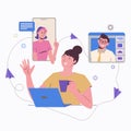 Remote work at home online. Freelance Freelancer girl with a laptop. Communication with colleagues, assignments. Flat illustration