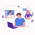 Remote work at home online. Freelance Freelancer man with a laptop. Communication with colleagues, assignments. Flat illustration