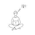 Remote work. A man works at home on a laptop via the Internet. Idea. Hand drawing with a black line