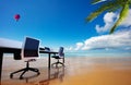 Remote work office desk and chairs on a sand beach