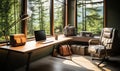 Remote Work Paradigm Home Office with Modern Desk and Nature View Royalty Free Stock Photo