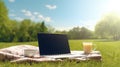 Remote work on a picnic photo realistic illustration - Generative AI.