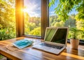 Remote Work During Quarantine A Home Office Setup with Laptop Mask and Window View Embracing Flexibility and Royalty Free Stock Photo