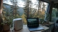 Remote work setup in a camper van embracing van life as a digital nomad with nature views Royalty Free Stock Photo