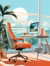 Remote work setup with ergonomic chair, flat design, side view, productive workspace theme, water color, complementary color Royalty Free Stock Photo