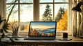 Remote Work Setup by Window with Tablet, Bluetooth Keyboard, and Scenic View