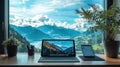 Remote Work Setup by Window with Tablet, Bluetooth Keyboard, and Scenic View
