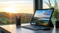 Remote Work Setup by Window with Tablet, Bluetooth Keyboard, and Scenic View