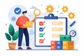 Remote worker unlocking achievements through task management and productivity tools in a modern workspace with plants and icons Royalty Free Stock Photo
