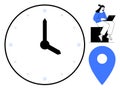 Remote worker using laptop beside clock and location pin illustrating time and work flexibility Royalty Free Stock Photo