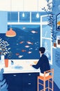 Remote worker watching their pet fish swim while avoiding tasks.