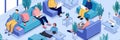 Remote Workers Collaborate in an Isometric Coworking Hub With Comfortable Seating and Laptops During a Productive Work Royalty Free Stock Photo