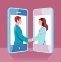 Remote workers woman and man agree shaking hands on screens of mobile phones. Conceptual illustration representing relationships i