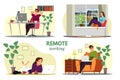 Remote workers working at home office scenes set Royalty Free Stock Photo