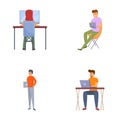 Remote working icons set cartoon vector. Freelancer character working from home