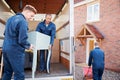 Removal Company Workers Unloading Furniture And Boxes From Truck Into New Home On Moving Day Royalty Free Stock Photo