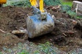 Bulldozer removal of a tree roots stump that was cut down in order to clear land using a bulldozer Royalty Free Stock Photo