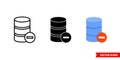 Remove database icon of 3 types color, black and white, outline. Isolated vector sign symbol