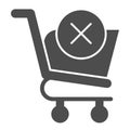Remove from shopping cart glyph icon. Market trolley with cross buttun. Commerce vector design concept, solid style Royalty Free Stock Photo