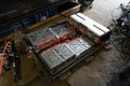 Removed battery from a Nissan Leaf car with zero emissions. Cells of the high-voltage battery of an electric vehicle