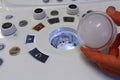 Removed trackball of modern diagnostic medical ultrasound scanner, optical element lights and electronics visible