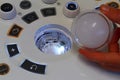 Removed trackball of modern diagnostic medical ultrasound scanner, optical element lights and electronics visible